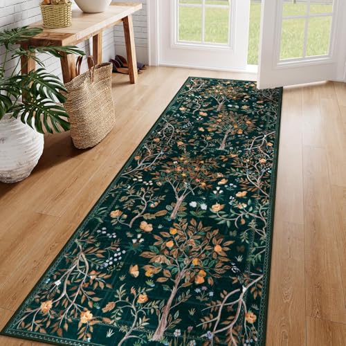 Morebes Boho Floral 2x6 Kitchen Runner Rug Washable Hallway Rug Runner Non Slip Soft Botanical Flower Indoor Floor Carpet Runner for Bathroom Entryway Laundry Room Dark Green - Image 1