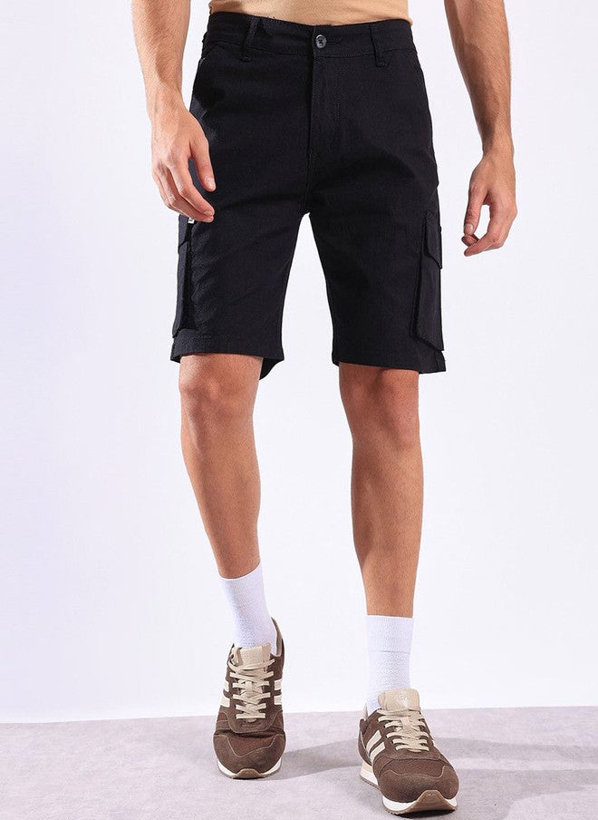 Hence Men's Regular Fit Mid-Rise Black Cargo Shorts with 6 Pockets - Image 1