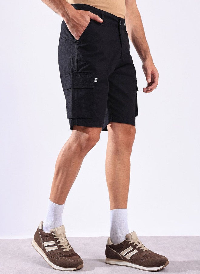 Hence Men's Regular Fit Mid-Rise Black Cargo Shorts with 6 Pockets - Image 2