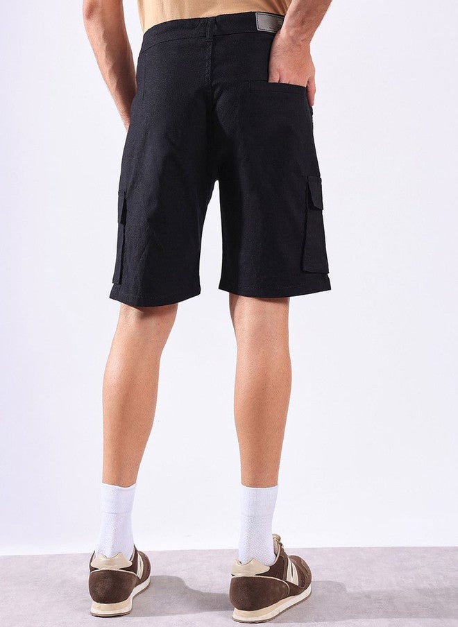 Hence Men's Regular Fit Mid-Rise Black Cargo Shorts with 6 Pockets - Image 4