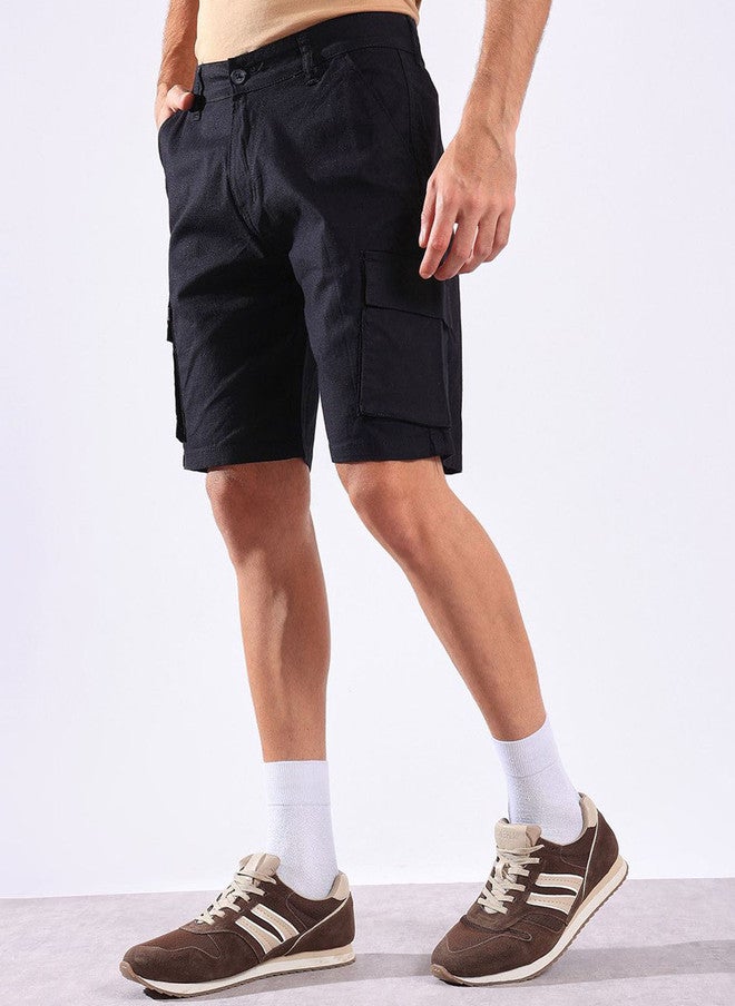 Hence Men's Regular Fit Mid-Rise Black Cargo Shorts with 6 Pockets - Image 3