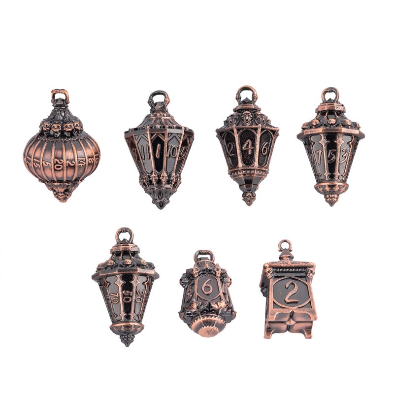 Cusdie 7Piece Lantern DND Dice SetMetal Dice with Skull Dice Bag Perfect for Tabletop RPGs Board Games Gifting and CollectingAncient Copper - Image 3