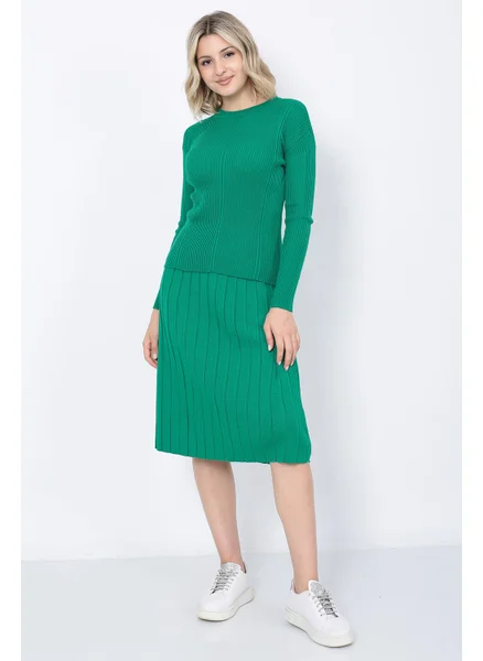 لوغمو Women's Knitwear Pleated Skirt Hair Braided Sweater Set Oversize Green
