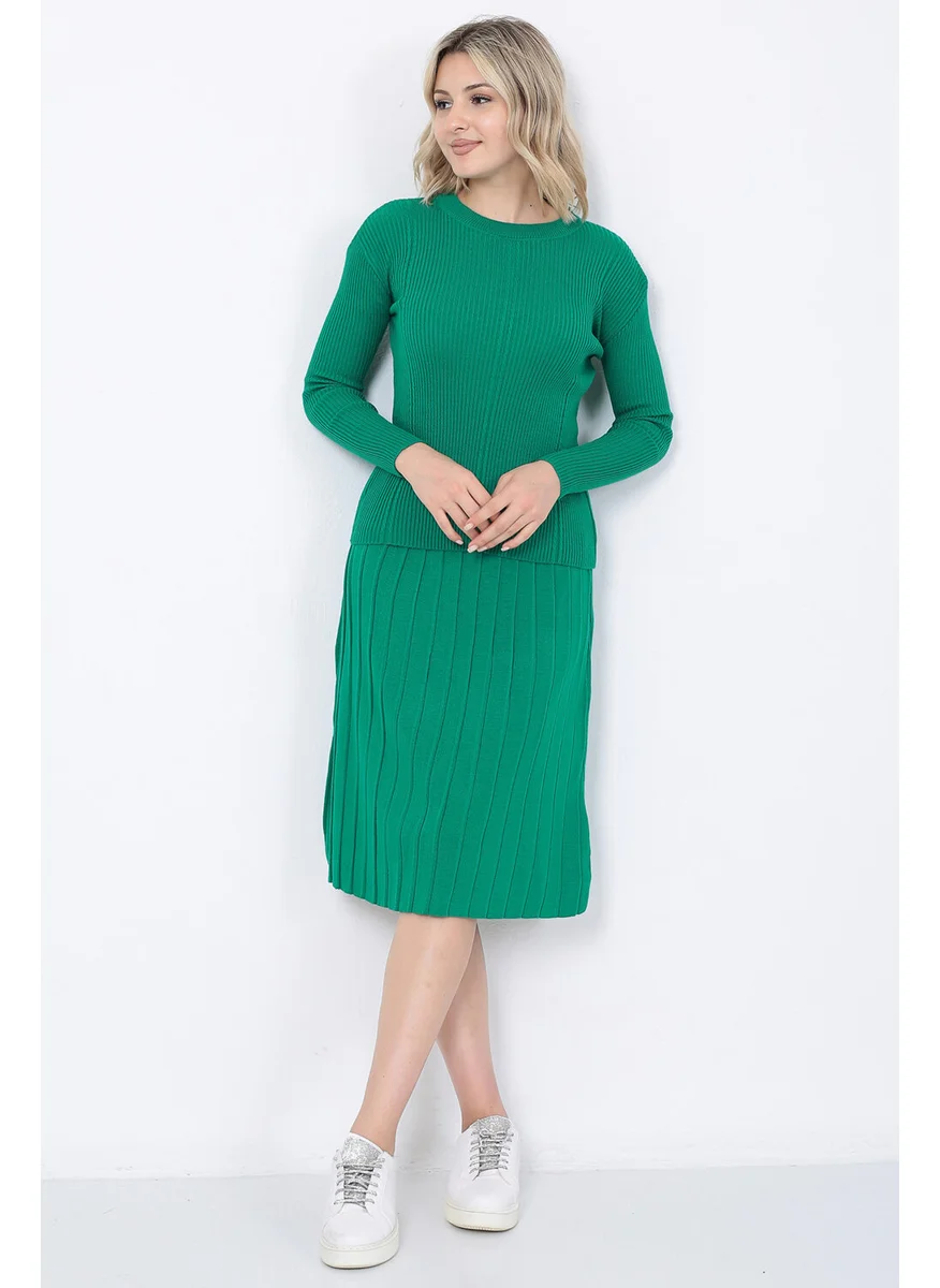 لوغمو Women's Knitwear Pleated Skirt Hair Braided Sweater Set Oversize Green