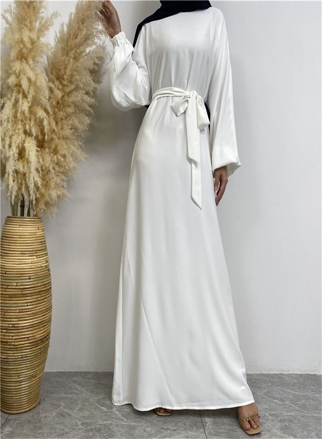 Loquat Casual Elegant Lace-Up Dress Abaya White  - Image 1