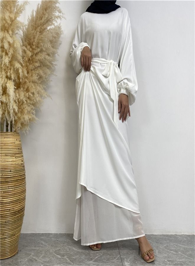 Loquat Casual Elegant Lace-Up Dress Abaya White  - Image 3