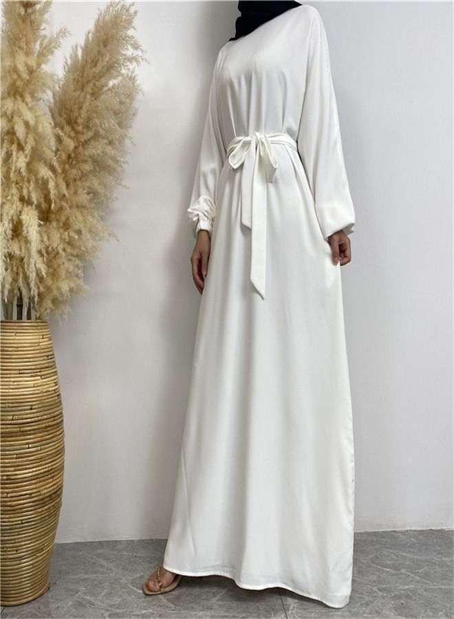Loquat Casual Elegant Lace-Up Dress Abaya White  - Image 2