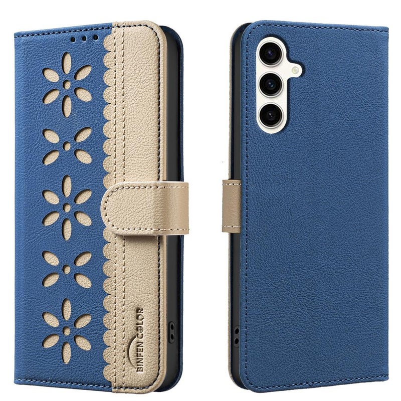 HuHa Protective Cover For Samsung Galaxy A34 5G Splicing Color Hollow Flower Pattern RFID Leather Phone Case(Dark Blue) - Image 1