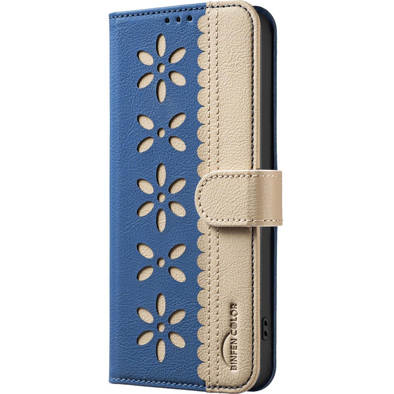 HuHa Protective Cover For Samsung Galaxy A34 5G Splicing Color Hollow Flower Pattern RFID Leather Phone Case(Dark Blue) - Image 2
