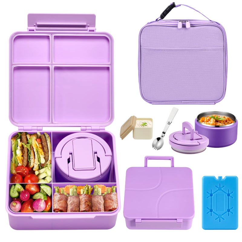 BABHAMNESS Bento Lunch Box with 8oz Soup Thermo,Kids Leakproof Lunch Food Containers with 4 Compartment,Kids Thermo Insulated Hot Food Jar and Lunch Bag for School,Trvael-Purple - Image 1