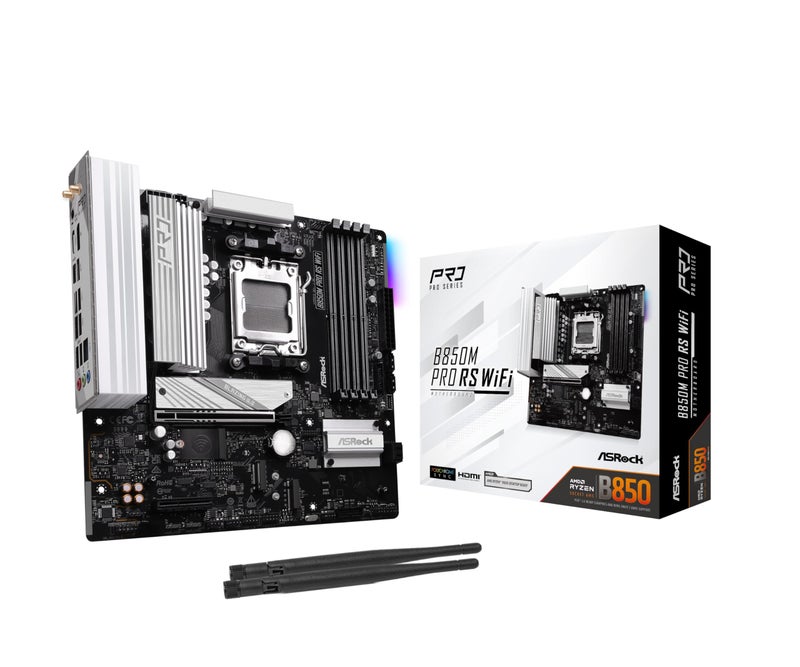 ASRock AMD B850M Pro RS WiFi 6E Socket AM5 Ryzen 9000, 8000 and 7000 Series DDR5 B850 up to 8000+ (OC) MHz 256GB Micro ATX Motherboard M.2 SATA3 6.0 Gb/s PCIe 5.0 Realtek 2.5G LAN BIOS Flashback - Image 1