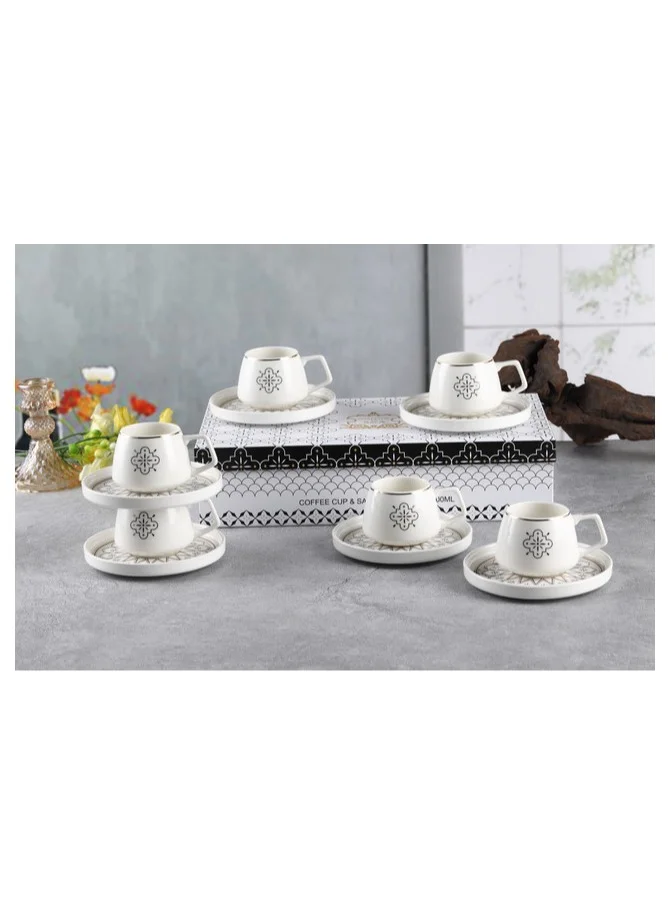 Shallow Shallow New Bone China Huma Coffee Cup & Saucer Set, 100ml (White, 6 Cups, 6 Saucer)