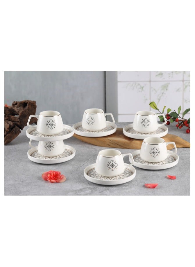 Shallow New Bone China Huma Coffee Cup & Saucer Set, 100ml (White, 6 Cups, 6 Saucer) - Image 3