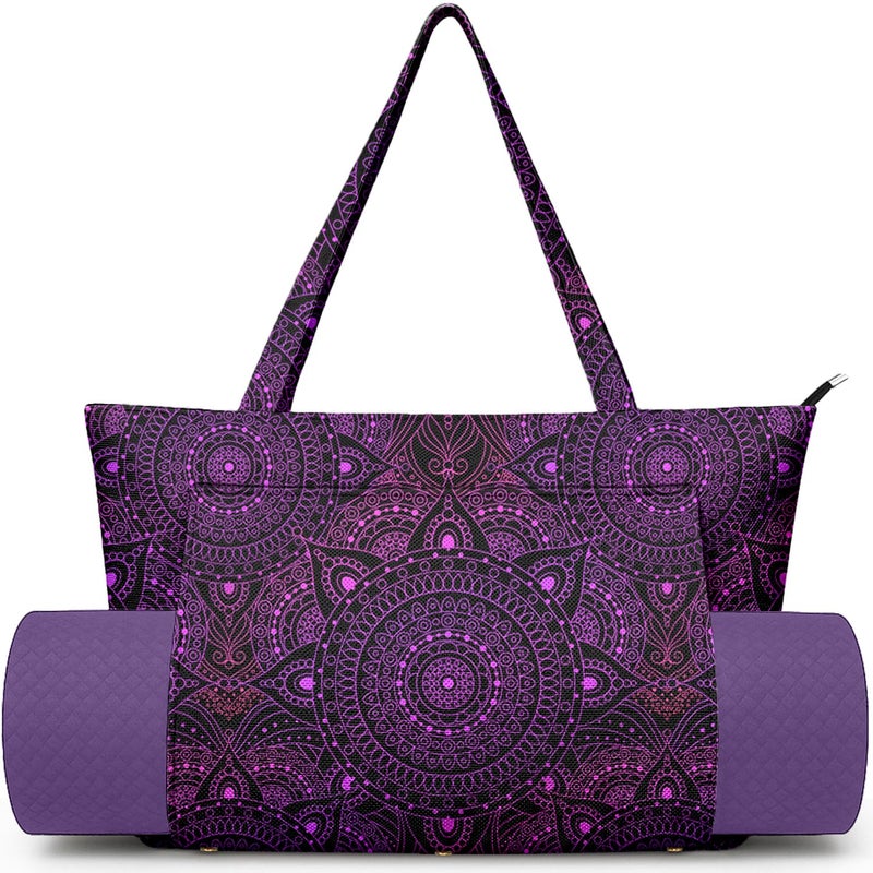 Adalore Women's Yoga Bag Carrier Carryall Canvas Tote Purple Mandala Pattern Yoga Mat Bags Carrier - Large Mat Pocket Fitness Tote for Pilates, Gym, Travel, Office & Beach - Image 1