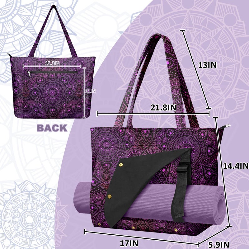 Adalore Women's Yoga Bag Carrier Carryall Canvas Tote Purple Mandala Pattern Yoga Mat Bags Carrier - Large Mat Pocket Fitness Tote for Pilates, Gym, Travel, Office & Beach - Image 3