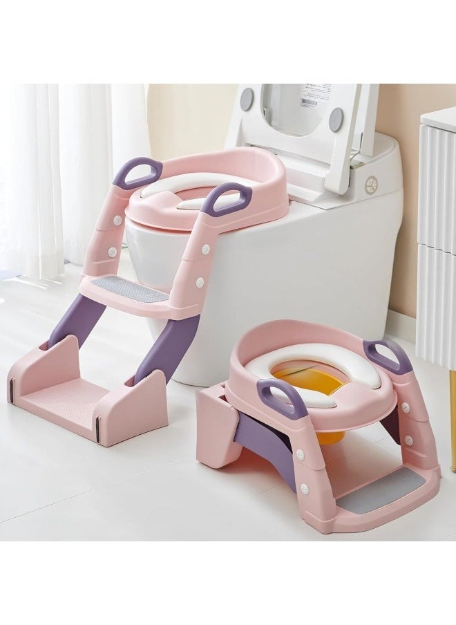 GGEROU Folding Toilet Potty Training Seat With Step Stool Ladder, Folding Auxiliary Toilet Seat, Toilet Trainer, Toilet Seat Toilet Trainer, Comfortable And Safe Potty Seat With Non-Slip Mat Ladder Pink  - Image 1