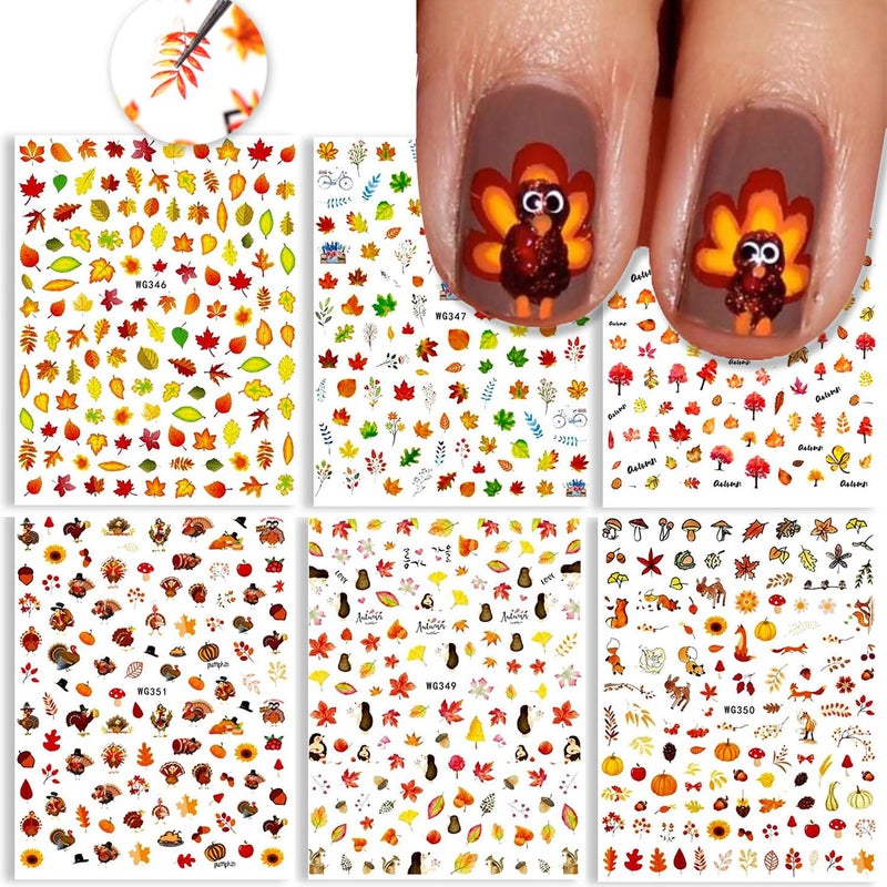 KASUWA Fall Nail Stickers Thanksgiving Autumn Nail Art Decoration Supplies Fall Maple Leaves Thanksgiving Turkey Design Yellow Nail Decal 3D Selfadhesive for Women DIY Acrylic Nail Decorations 6sheets C