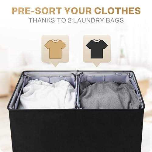 SOLEDI Double Laundry Hamper with Lid and Removable Laundry Bags - Large Dirty Clothes Hamper 2 Section - Collapsible Laundry Baskets for Bedroom, Bathroom, Laundry room, Apartment, Black - Image 4
