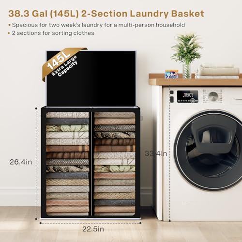 SOLEDI Double Laundry Hamper with Lid and Removable Laundry Bags - Large Dirty Clothes Hamper 2 Section - Collapsible Laundry Baskets for Bedroom, Bathroom, Laundry room, Apartment, Black - Image 3
