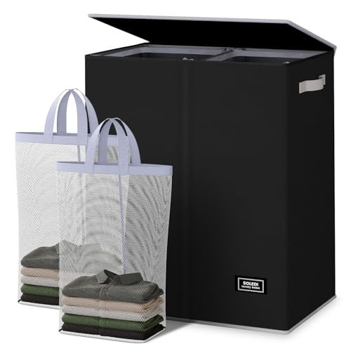 SOLEDI Double Laundry Hamper with Lid and Removable Laundry Bags - Large Dirty Clothes Hamper 2 Section - Collapsible Laundry Baskets for Bedroom, Bathroom, Laundry room, Apartment, Black - Image 1
