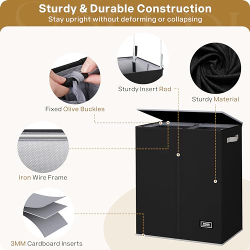 SOLEDI Double Laundry Hamper with Lid and Removable Laundry Bags - Large Dirty Clothes Hamper 2 Section - Collapsible Laundry Baskets for Bedroom, Bathroom, Laundry room, Apartment, Black - Image 5