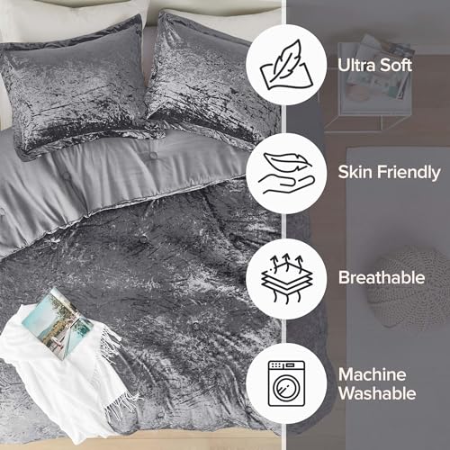 Comfort Spaces Juliette Luxe Comforter Set Velvet Lush with Soft Brushed Microfiber Reverse, All Season Cozy Velvet Bedding Sets, Fluffy Comforter Bed Set, Matching Sham, Grey Full/Queen 3 Piece - Image 3