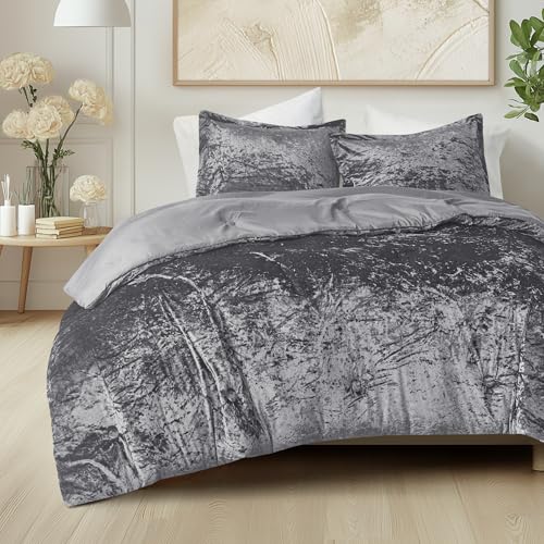 Comfort Spaces Juliette Luxe Comforter Set Velvet Lush with Soft Brushed Microfiber Reverse, All Season Cozy Velvet Bedding Sets, Fluffy Comforter Bed Set, Matching Sham, Grey Full/Queen 3 Piece - Image 1