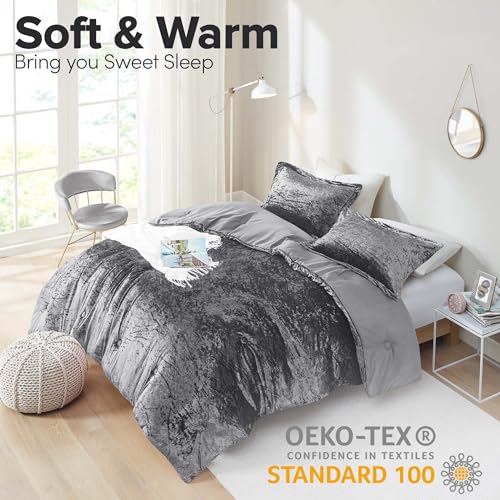 Comfort Spaces Juliette Luxe Comforter Set Velvet Lush with Soft Brushed Microfiber Reverse, All Season Cozy Velvet Bedding Sets, Fluffy Comforter Bed Set, Matching Sham, Grey Full/Queen 3 Piece - Image 2