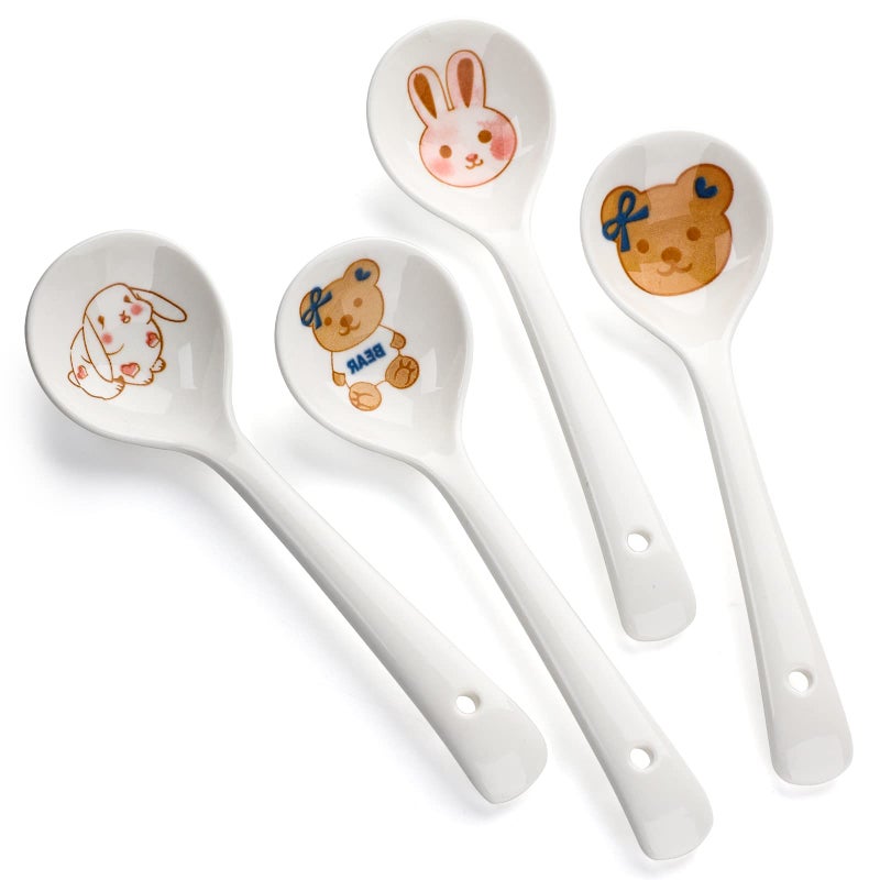 Ceramic Dessert Spoon Long Handle Dinner Spoons Set of 4 Korean Porcelain Spoons for Eating Dessert Appetizers Cereal Double Color