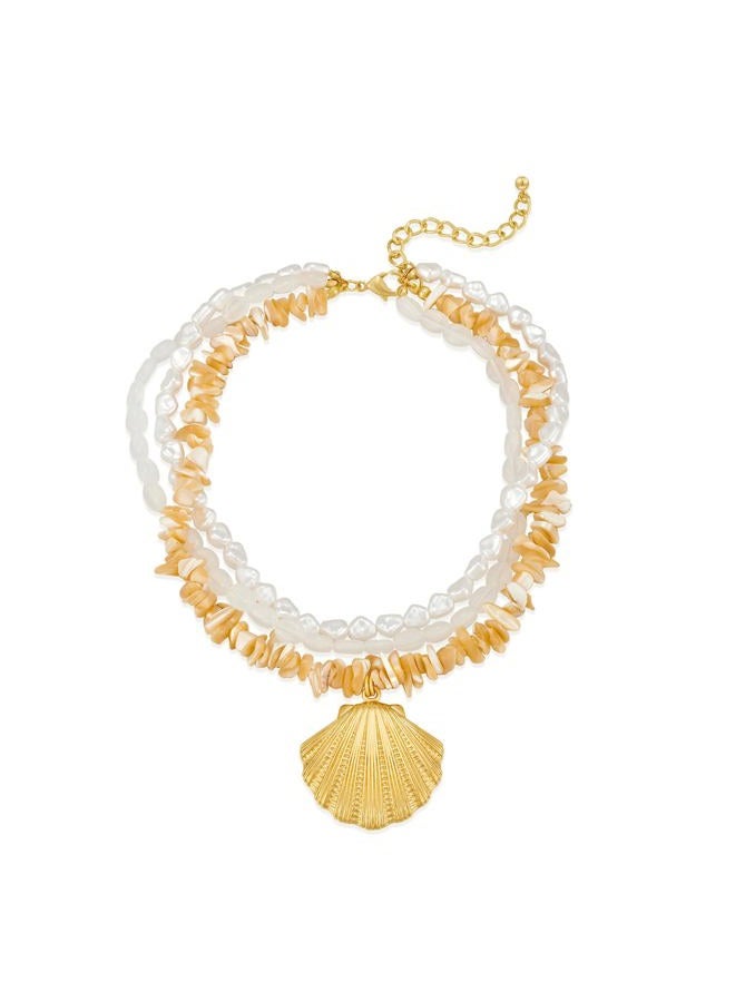 HolidayQbee Gold Seashell Necklace For Women With Beach Puka Shell And Bead Chains Beach Shell Pendant Necklace Ocean Chains Necklace Fashion Summer Necklace Jewelry - Image 1