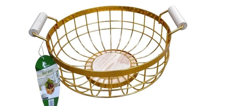 GOLKIPAR(LABEL) Metal Golden Round Fruit Basket Multipurpose Open Basket Fruit Stand for Kitchen Countertop Geometric Round Basket Handle Wooden Base - Image 1