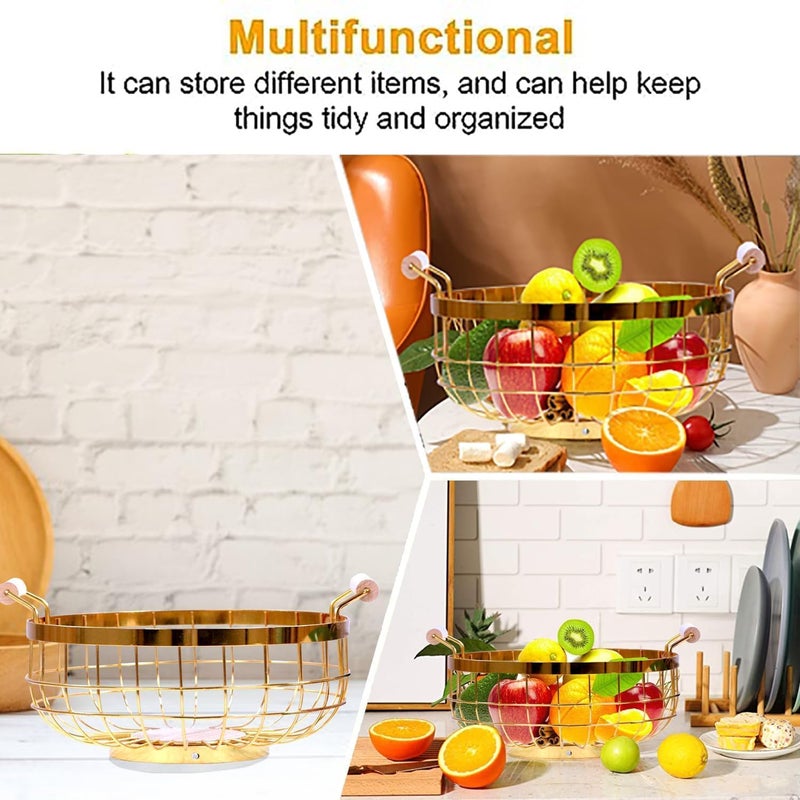 GOLKIPAR(LABEL) Metal Golden Round Fruit Basket Multipurpose Open Basket Fruit Stand for Kitchen Countertop Geometric Round Basket Handle Wooden Base - Image 5