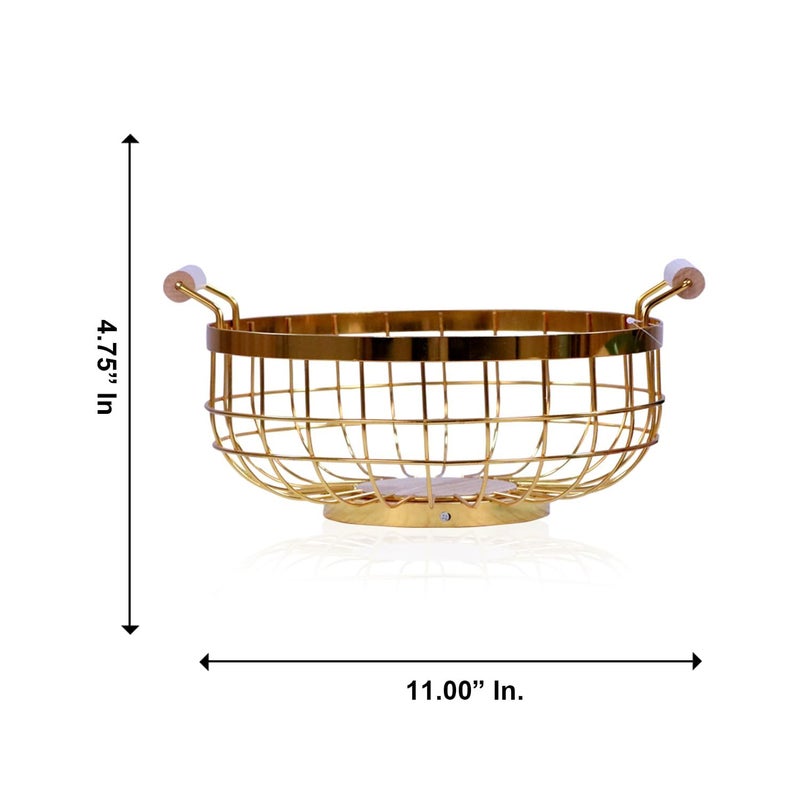 GOLKIPAR(LABEL) Metal Golden Round Fruit Basket Multipurpose Open Basket Fruit Stand for Kitchen Countertop Geometric Round Basket Handle Wooden Base - Image 4