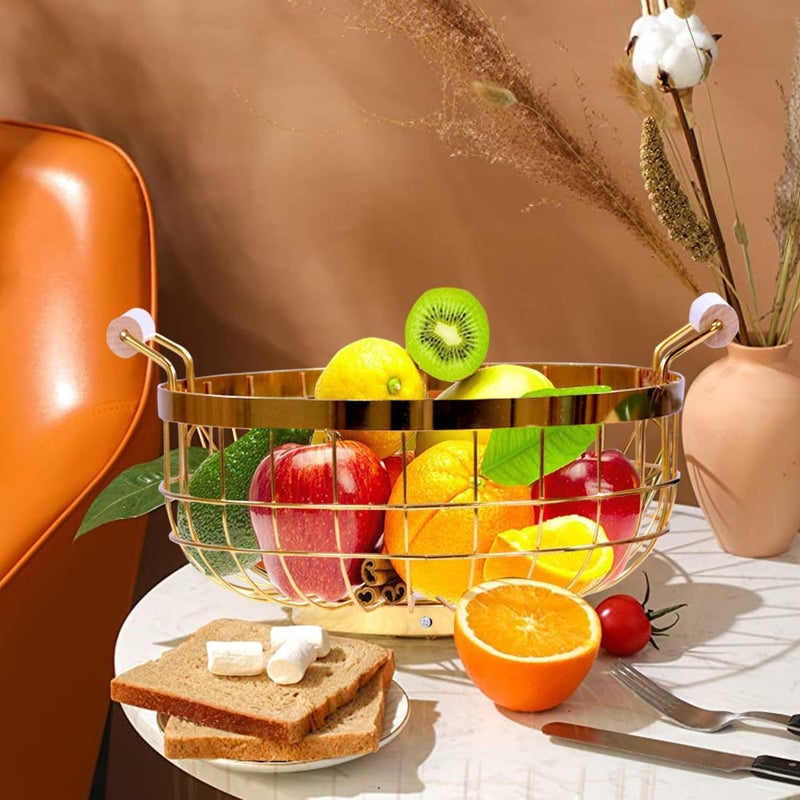 GOLKIPAR(LABEL) Metal Golden Round Fruit Basket Multipurpose Open Basket Fruit Stand for Kitchen Countertop Geometric Round Basket Handle Wooden Base - Image 2