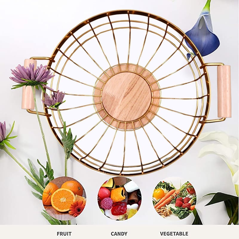 GOLKIPAR(LABEL) Metal Golden Round Fruit Basket Multipurpose Open Basket Fruit Stand for Kitchen Countertop Geometric Round Basket Handle Wooden Base - Image 3