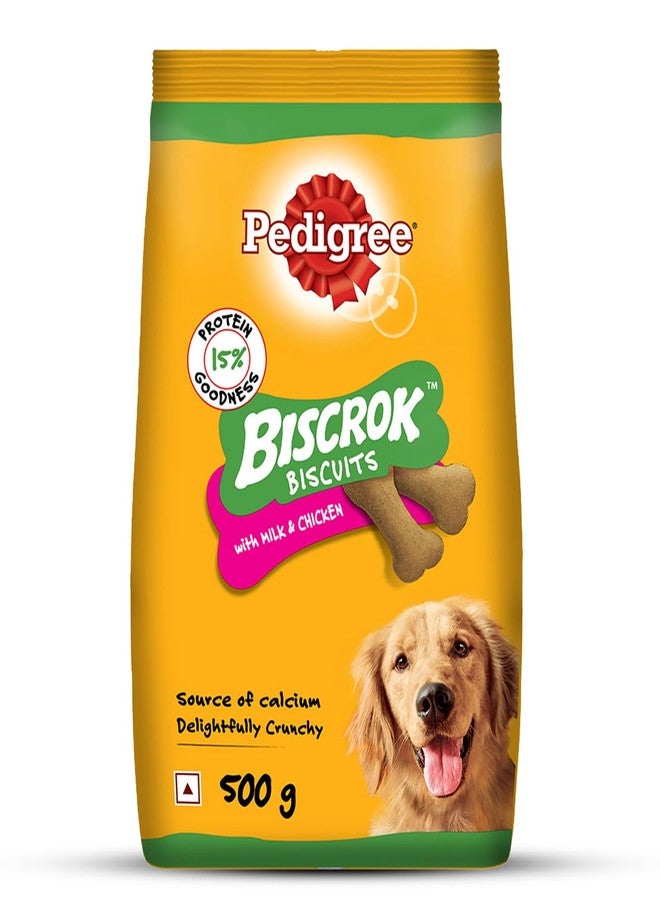 Pedigree Biscrok Biscuits (Above 4 Months) Dog Treats, Chicken with Milk Flavour, 500 g, Source of Calcium, Goodness of 15% Protein - Image 1