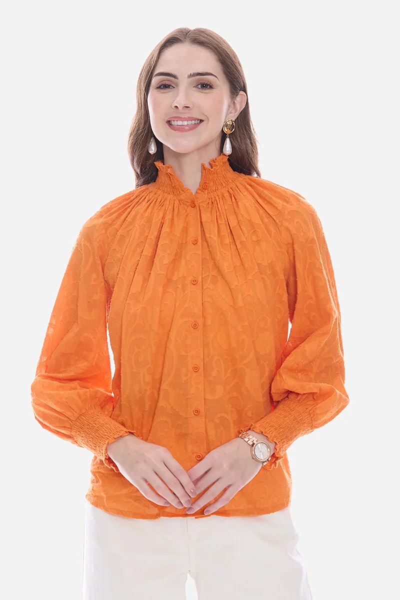 فيرجيو Solid Cotton Smocked High Neck Shirt for Women