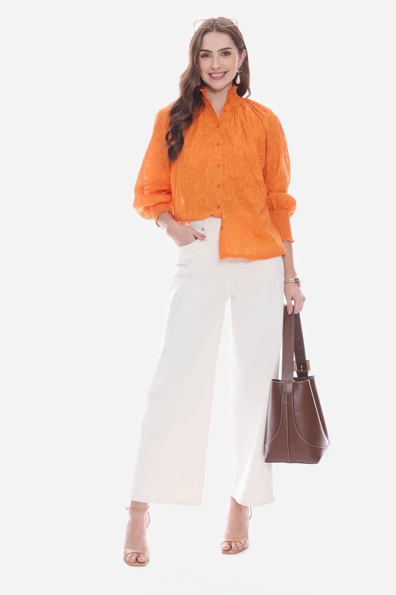 فيرجيو Solid Cotton Smocked High Neck Shirt for Women