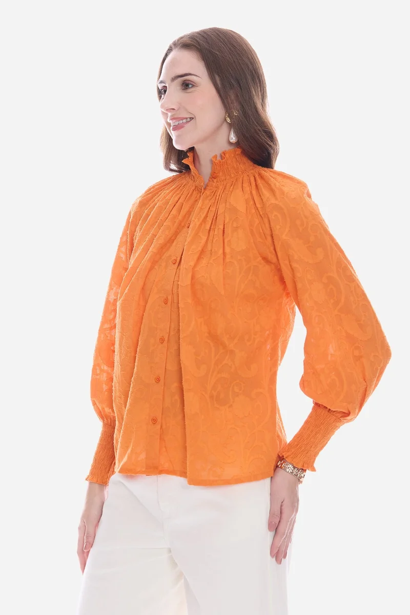 Virgio Orange Solid Cotton Smocked High Neck Shirt for Women for Women | Best Price UAE