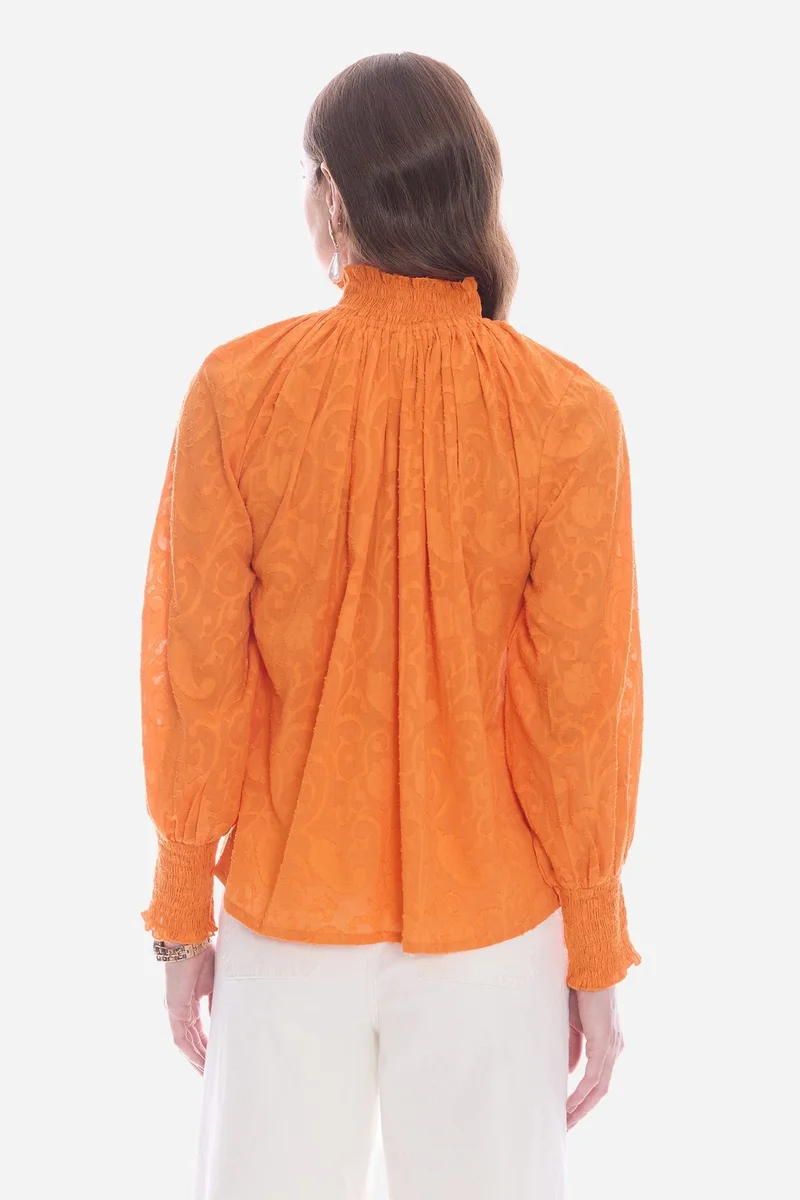 Virgio Orange Solid Cotton Smocked High Neck Shirt for Women for Women | Best Price UAE
