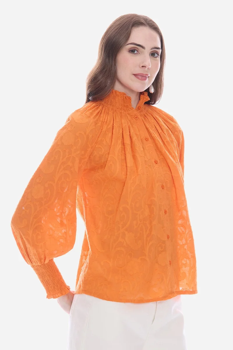 Virgio Orange Solid Cotton Smocked High Neck Shirt for Women for Women | Best Price UAE