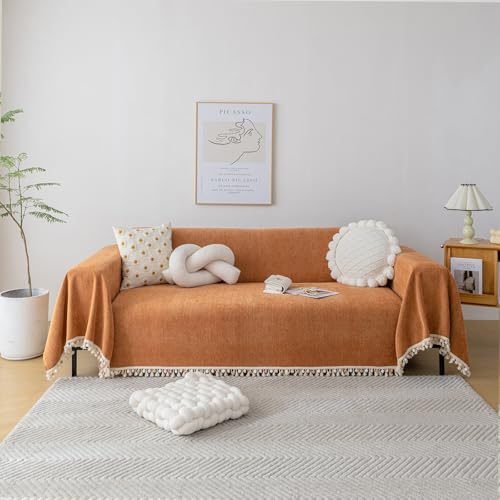 HANDONTIME Dark Orange Sofa Covers Couch Cover for Dogs Colorful Tassel Lovetseat Covers Pet Couch Cover Bohemian Sofa Cover for Couch Vintage Boho Couch Covers Futon Cover Pet-Friendly, 71" X118" - Image 1