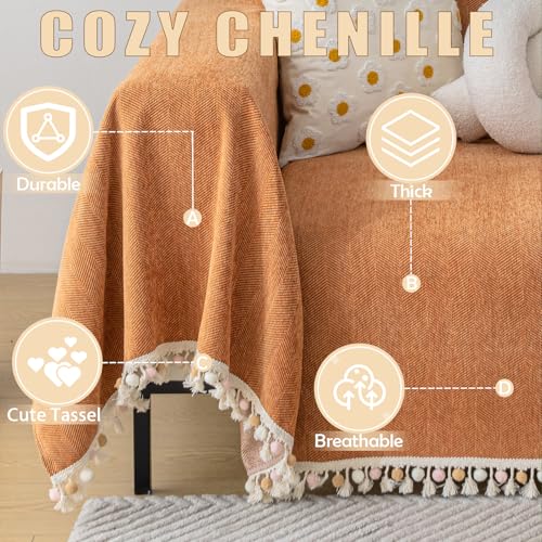 HANDONTIME Dark Orange Sofa Covers Couch Cover for Dogs Colorful Tassel Lovetseat Covers Pet Couch Cover Bohemian Sofa Cover for Couch Vintage Boho Couch Covers Futon Cover Pet-Friendly, 71" X118" - Image 2