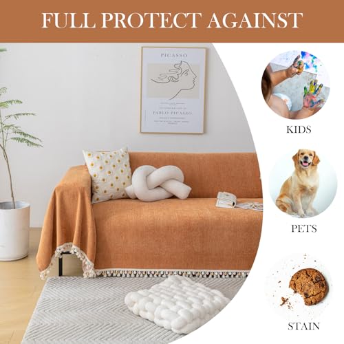 HANDONTIME Dark Orange Sofa Covers Couch Cover for Dogs Colorful Tassel Lovetseat Covers Pet Couch Cover Bohemian Sofa Cover for Couch Vintage Boho Couch Covers Futon Cover Pet-Friendly, 71" X118" - Image 4
