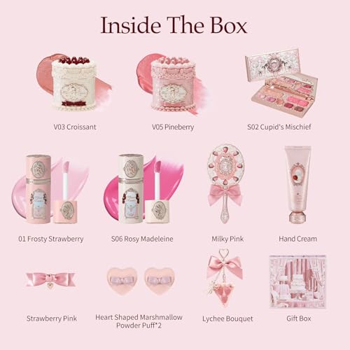 Flower Knows Cake Charm SetStrawberry Cupid 12Piece Makeup Gift Box SetLip CreamLiquid BlushMakeup PaletteHand MirrorSolid PerfumeHair ClipCushion Powder PuffEyeshadow BrushGift Box - Image 3