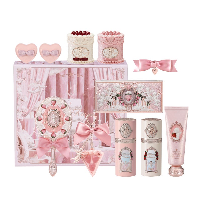 Flower Knows Cake Charm SetStrawberry Cupid 12Piece Makeup Gift Box SetLip CreamLiquid BlushMakeup PaletteHand MirrorSolid PerfumeHair ClipCushion Powder PuffEyeshadow BrushGift Box - Image 2