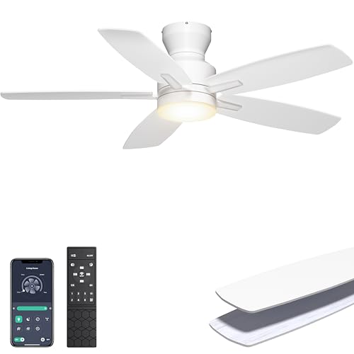 Ohniyou Ceiling Fans with Lights, 42'' Low Profile Ceiling Fan with Light and Remote/APP Control, Modern Flush Mount Ceiling Fan for Indoor Bedroom Kitchen, Dimmable, Qiuet DC Motor, White - Image 1