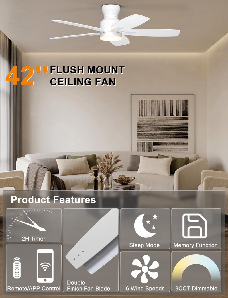 Ohniyou Ceiling Fans with Lights, 42'' Low Profile Ceiling Fan with Light and Remote/APP Control, Modern Flush Mount Ceiling Fan for Indoor Bedroom Kitchen, Dimmable, Qiuet DC Motor, White - Image 3