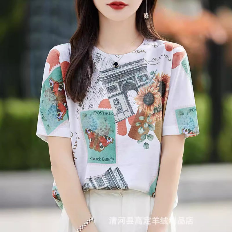 There Is Always A Suitable One-Summer Classic Joker Mulberry Silk Various Printed Pattern Round Neck Short Sleeve T-Shirt - Image 1