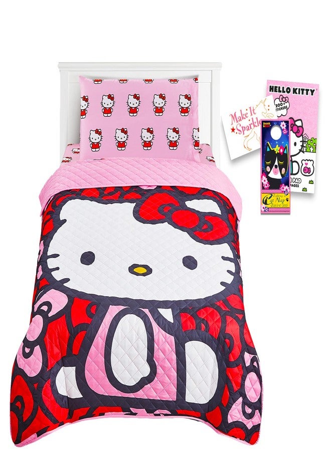 Hello Kitty Twin Bedding Set - Bundle of Hello Kitty Bedspread, Flat Sheet, Fitted Sheet, Pillowcase, Decals, More | Room Decor - Image 1